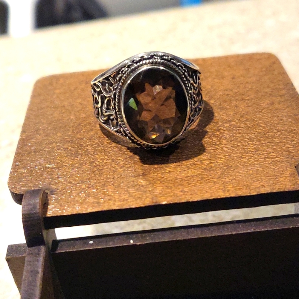 Sterling Smoky Topaz filagree ring size 10.5